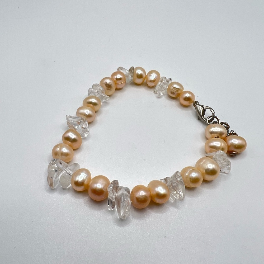 Freshwater Pearl & Clear Quartz Chip Bracelet Peach Pearl